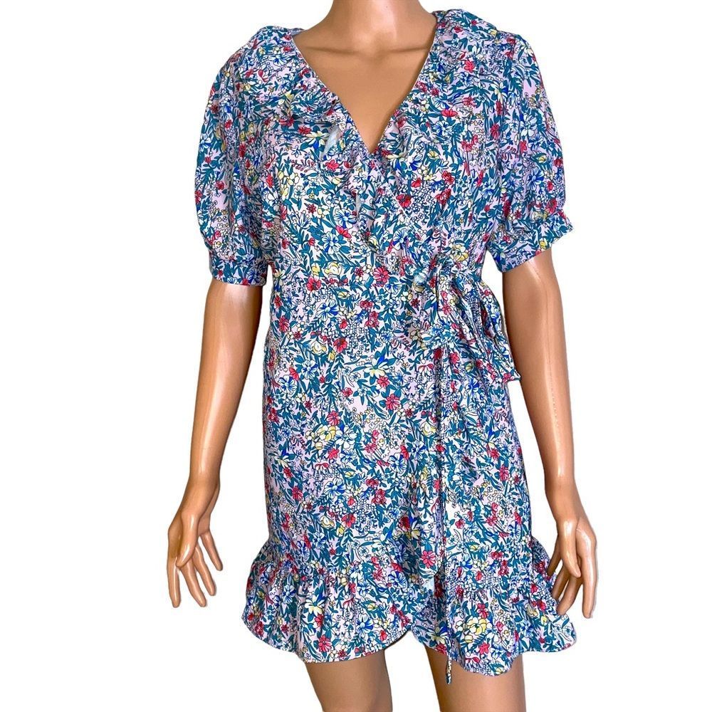 Opening J dress wrap flutter sleeve floral print lightweight Spring Summer SZ M